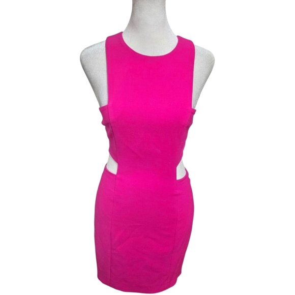 LIKELY Crew Neck Midriff Cutout Sleeveless Tailored Mini Dress. Hot Pink. Size 0 - Picture 1 of 13
